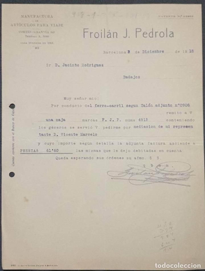 Gesch&auml;ftsbriefe: Carta comercial. Froil&aacute;n J. Pedrola. Manufactura de art&iacute;culos para viaje. Barcelona. Espa&ntilde;a 1918