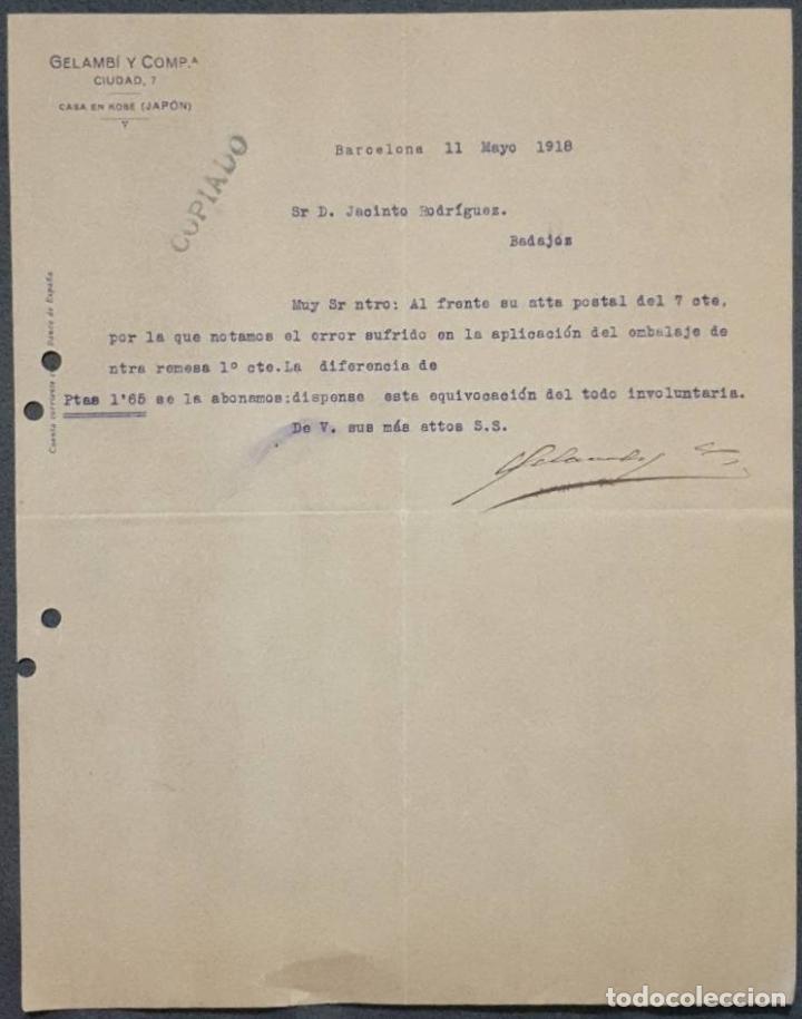 Cartas comerciais: Carta comercial. Gelambi y Comp&ordf;. Barcelona. Espa&ntilde;a 1918