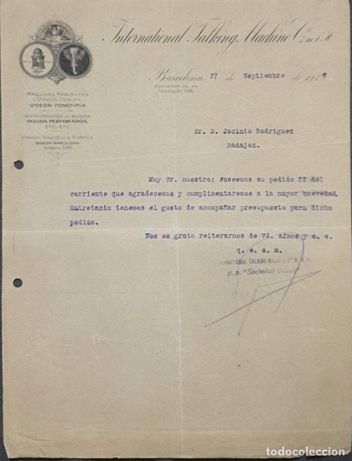 Cartas comerciales: Carta comercial. International Talking Machine C&ordm;. Barcelona. Espa&ntilde;a 1918