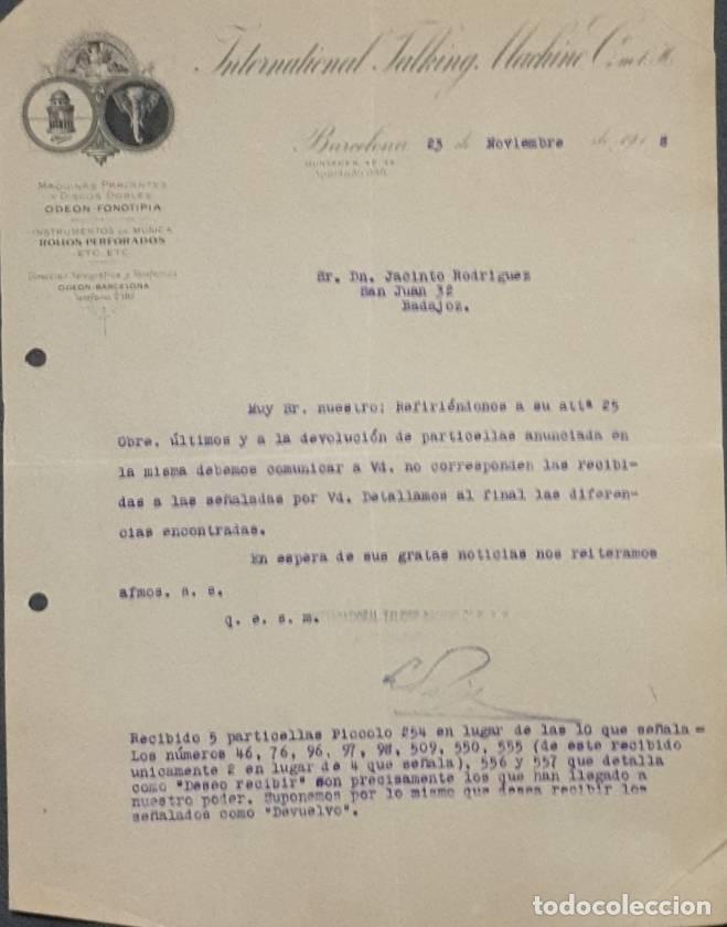 Cartas comerciales: Carta comercial. International Talking Machine C&ordm;. Barcelona. Espa&ntilde;a 1918