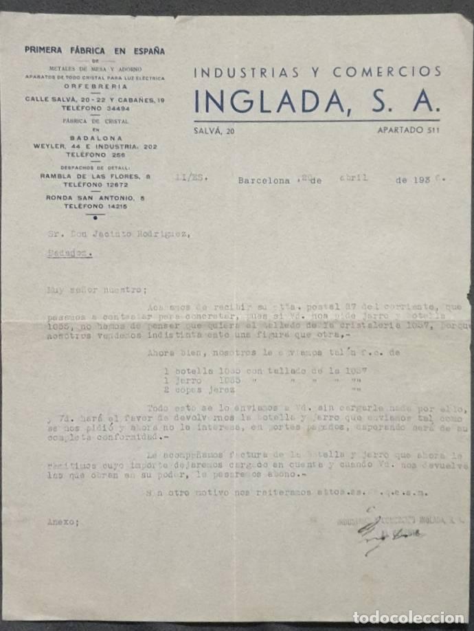 Cartas comerciales: Carta comercial. Inglada S.A. Industrias y Comercios. Barcelona. Espa&ntilde;a 1936