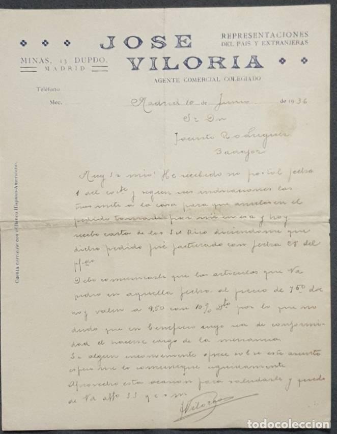 Cartas comerciales: Carta comercial. Jos&eacute; Viloria. Agente Comercial Colegiado. Madrid. Espa&ntilde;a 1936
