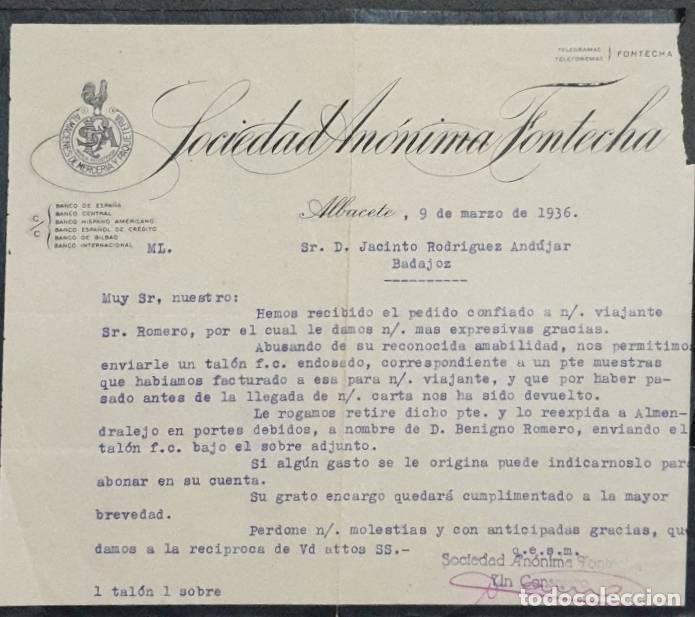 Cartas comerciales: Carta comercial. Sociedad An&oacute;nima Fontecha. Albacete. Espa&ntilde;a 1936
