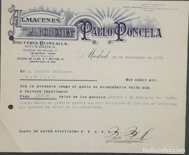 Cartas comerciales: Carta comercial. Pablo Poncela. La Bohemia. Bisuter&iacute;a-Quincalla. Madrid 1932