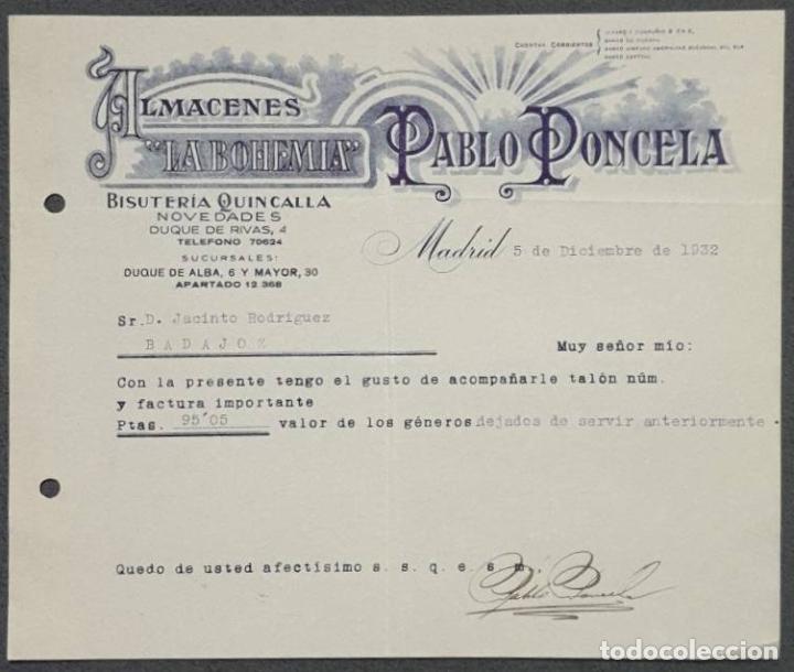 Cartas comerciales: Carta comercial. Pablo Poncela. La Bohemia. Bisuter&iacute;a-Quincalla. Madrid 1932