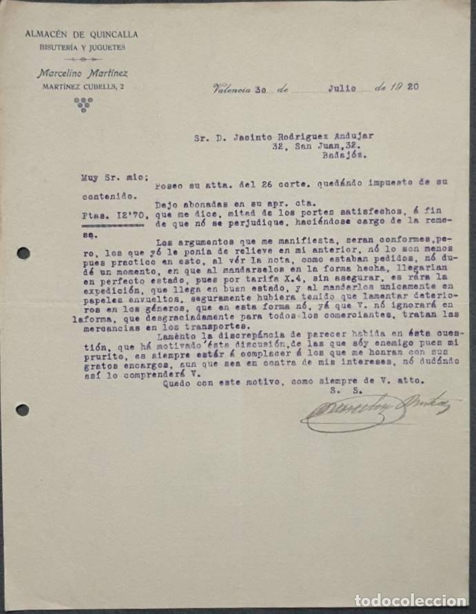 Cartas comerciales: Carta comercial. Marcelino Mart&iacute;nez. Almac&eacute;n de quincalla y bisuter&iacute;a. Valencia. Espa&ntilde;a 1920
