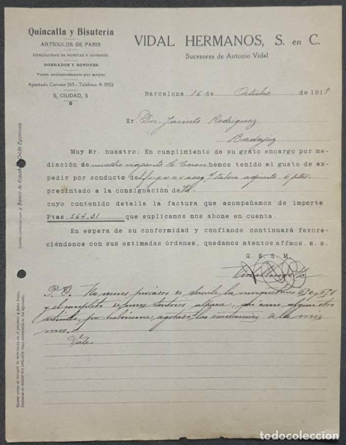 Cartas comerciales: Carta comercial. Vidal Hermanos S. en C. Quincalla y Bisuter&iacute;a. Barcelona. Espa&ntilde;a 1918