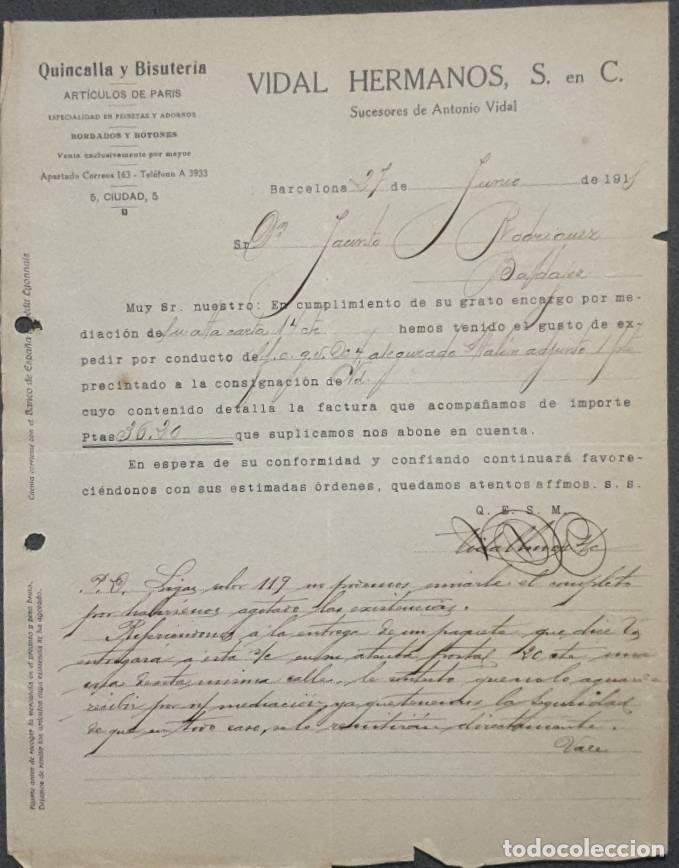 Cartas comerciales: Carta comercial. Vidal Hermanos S. en C. Quincalla y Bisuter&iacute;a. Barcelona. Espa&ntilde;a 1918