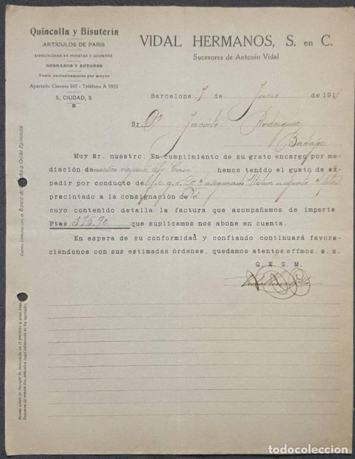 Cartas comerciales: Carta comercial. Vidal Hermanos S. en C. Quincalla y Bisuter&iacute;a. Barcelona. Espa&ntilde;a 1918