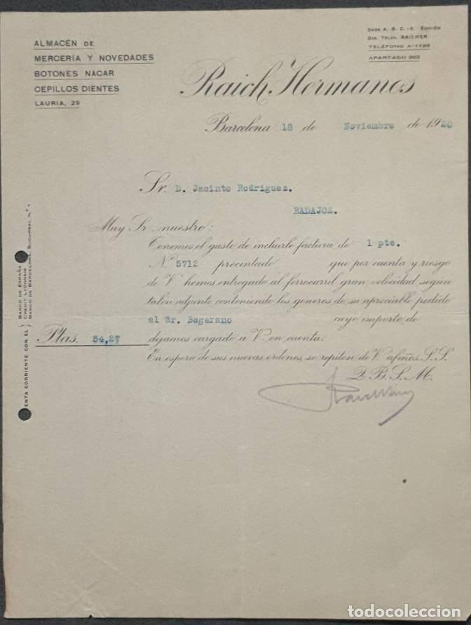 Cartas comerciales: Carta comercial. Raich Hermanos. Almac&eacute;n de mercer&iacute;a y novedades. Barcelona. Espa&ntilde;a 1920
