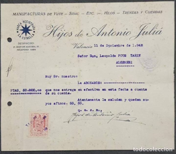 Cartas comerciales: Carta comercial. Hijos de Antonio Juli&aacute;. Manufacturas de yute. Valencia. Espa&ntilde;a 1948