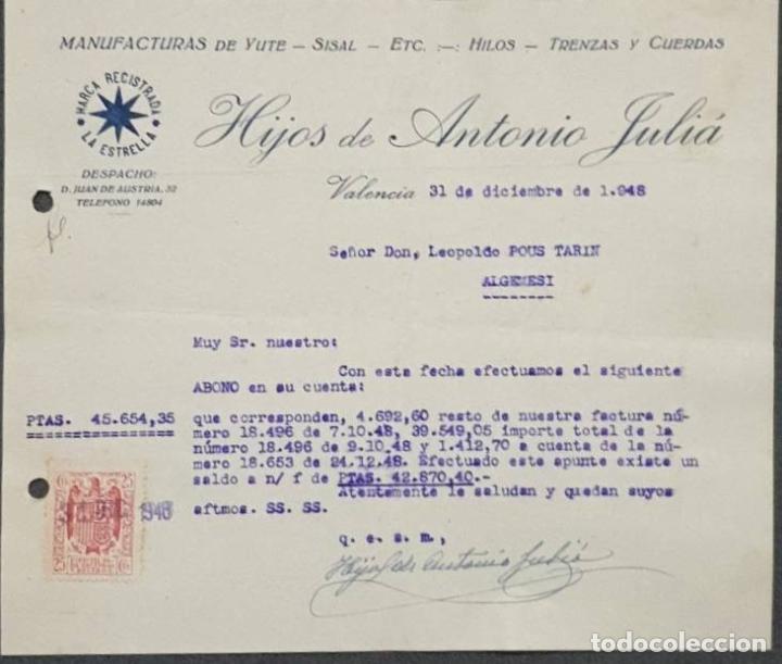 Cartas comerciales: Carta comercial. Hijos de Antonio Juli&aacute;. Manufacturas de yute. Valencia. Espa&ntilde;a 1948