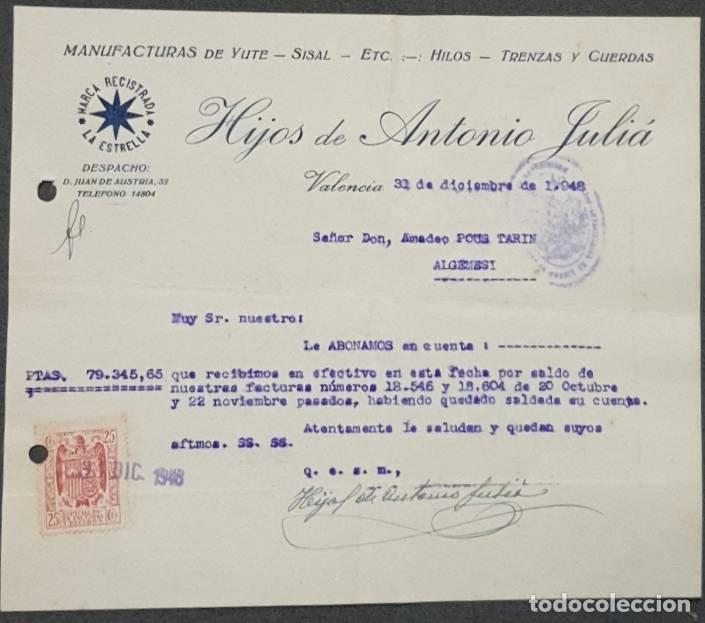 Cartas comerciales: Carta comercial. Hijos de Antonio Juli&aacute;. Manufacturas de yute. Valencia. Espa&ntilde;a 1948