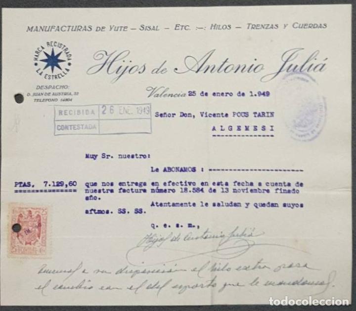 Cartas comerciales: Carta comercial. Hijos de Antonio Juli&aacute;. Manufacturas de yute. Valencia. Espa&ntilde;a 1949