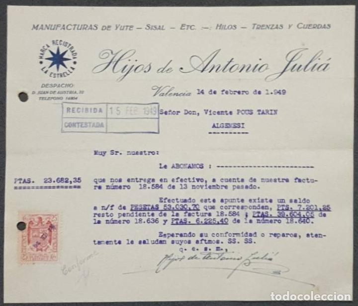 Cartas comerciales: Carta comercial. Hijos de Antonio Juli&aacute;. Manufacturas de yute. Valencia. Espa&ntilde;a 1949