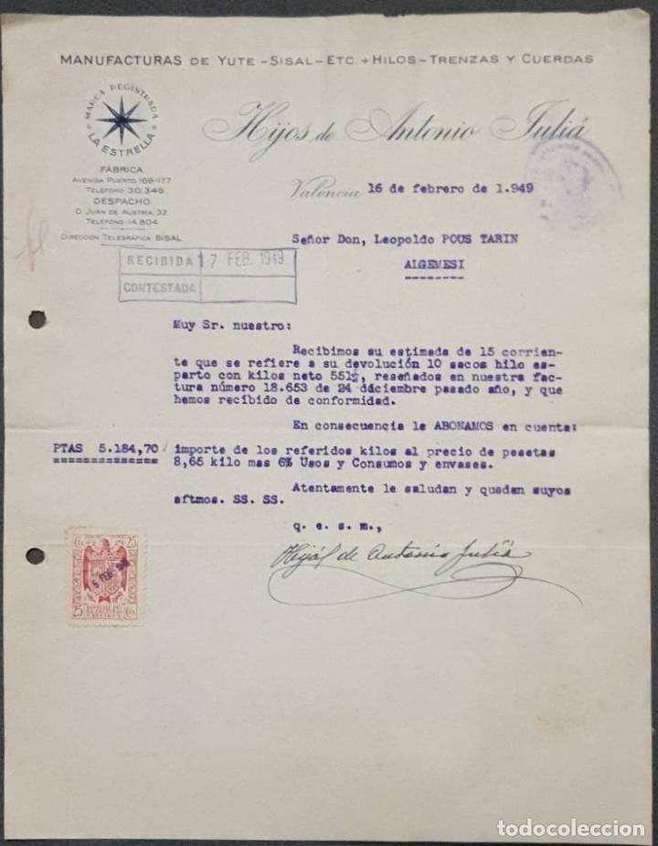Cartas comerciales: Carta comercial. Hijos de Antonio Juli&aacute;. Manufacturas de yute. Valencia. Espa&ntilde;a 1949