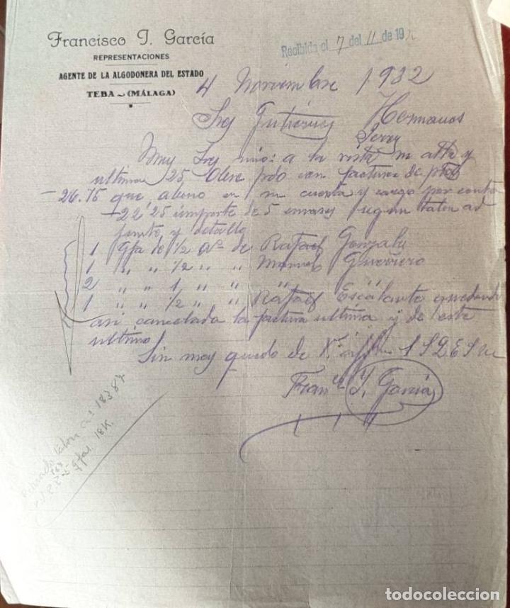 Cartas comerciales: Carta comercial. Francisco J. Garc&iacute;a. Agente de la algodonera del estado. M&aacute;laga. Espa&ntilde;a 1932