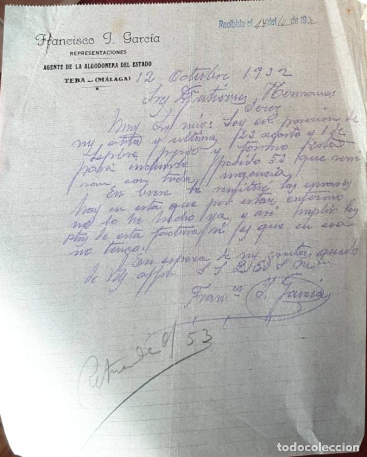Cartas comerciales: Carta comercial. Francisco J. Garc&iacute;a. Agente de la algodonera del estado. M&aacute;laga. Espa&ntilde;a 1932