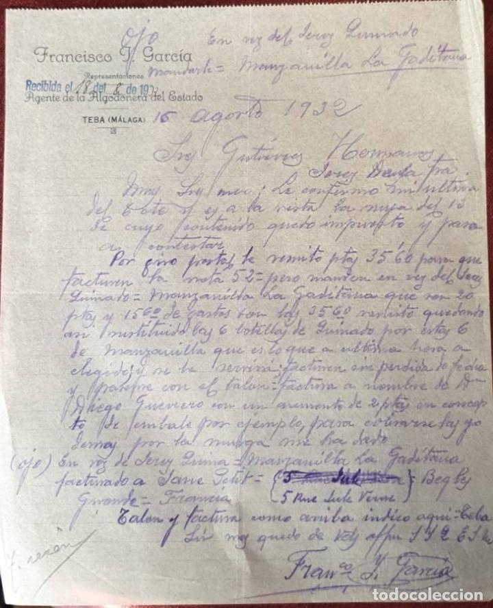 Cartas comerciales: Carta comercial. Francisco J. Garc&iacute;a Agente de la algodonera del Estado. M&aacute;laga. Espa&ntilde;a 1932