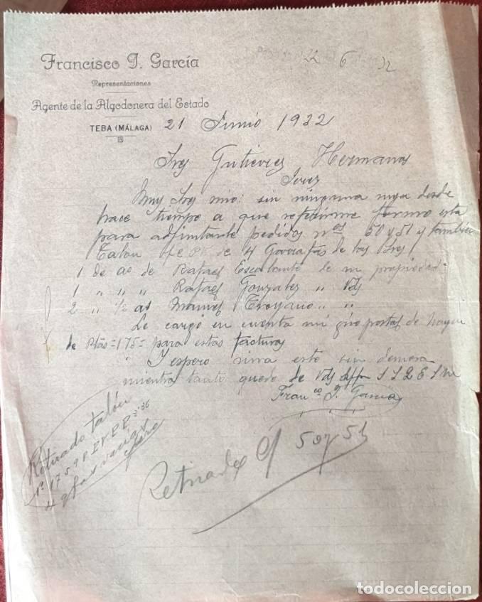 Cartas comerciales: Carta comercial. Francisco J. Garc&iacute;a. Agente de la algodonera del estado. M&aacute;laga. Espa&ntilde;a 1932