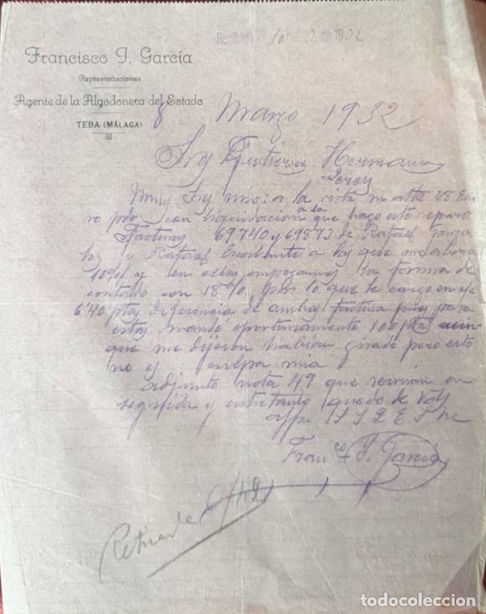 Cartas comerciales: Carta comercial. Francisco J. Garc&iacute;a. Agente de la algodonera del estado. M&aacute;laga. Espa&ntilde;a 1932