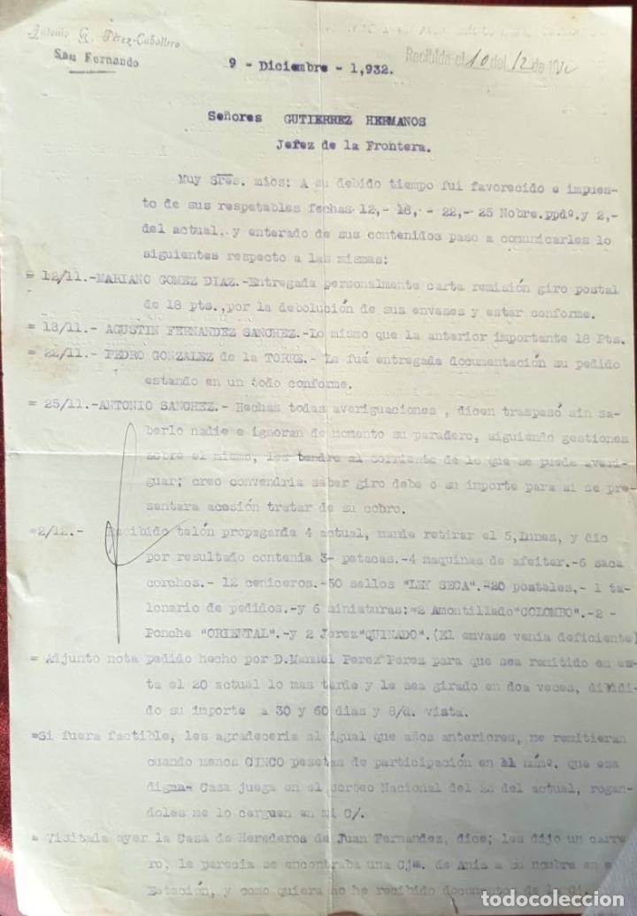 Cartas comerciales: Carta comercial. Antonio G. P&eacute;rez- Caballero. San Fernando. Espa&ntilde;a 1932