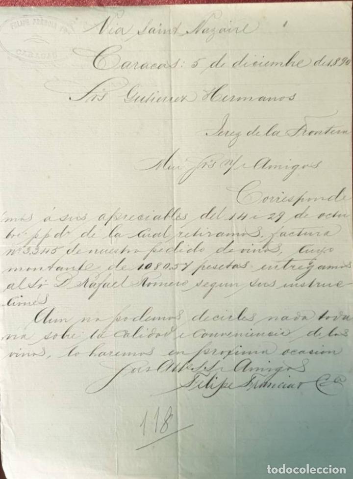 Cartas comerciales: Carta comercial. Felipe Francia y C&ordm;. Caracas. Venezuela 1890