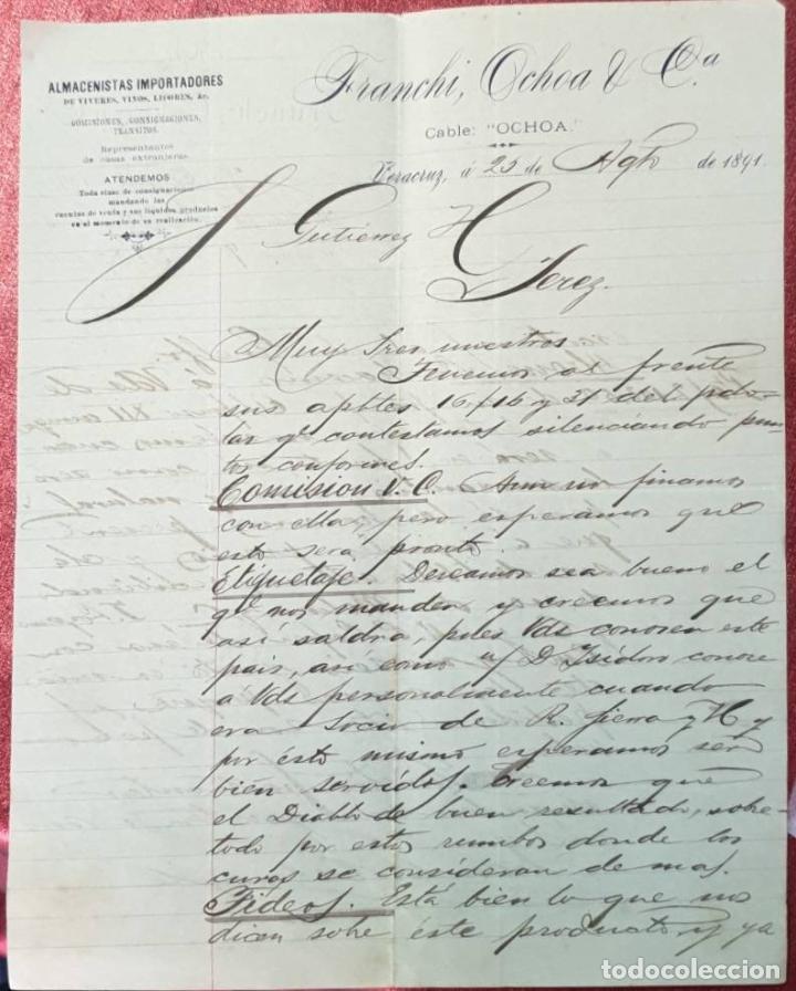 Cartas comerciales: Carta comercial. Franchi, Ochoa & C&ordf;. Almacenistas Importadores. Veracruz. M&eacute;xico 1891