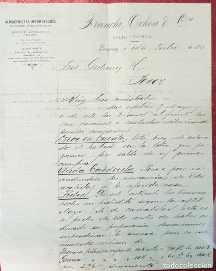Cartas comerciales: Carta comercial. Franchi, Ochoa & C&ordf;. Almacenistas Importadores. Veracruz. M&eacute;xico 1891