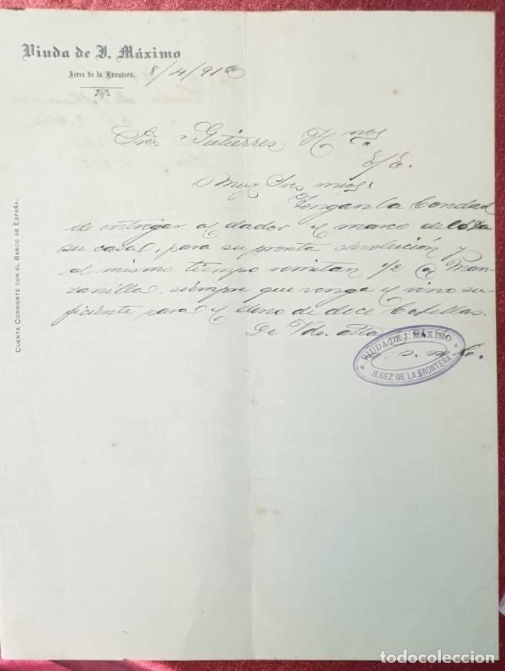 Cartas comerciales: Carta comercial. Viuda de Y. M&aacute;ximo. Jerez de la Frontera. Espa&ntilde;a 1912