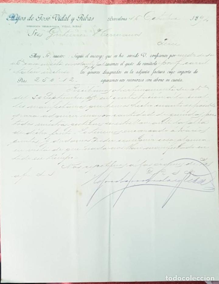 Cartas comerciales: Carta comercial. Hijos de Jos&eacute; Vidal y Ribas. Barcelona. Espa&ntilde;a 1892