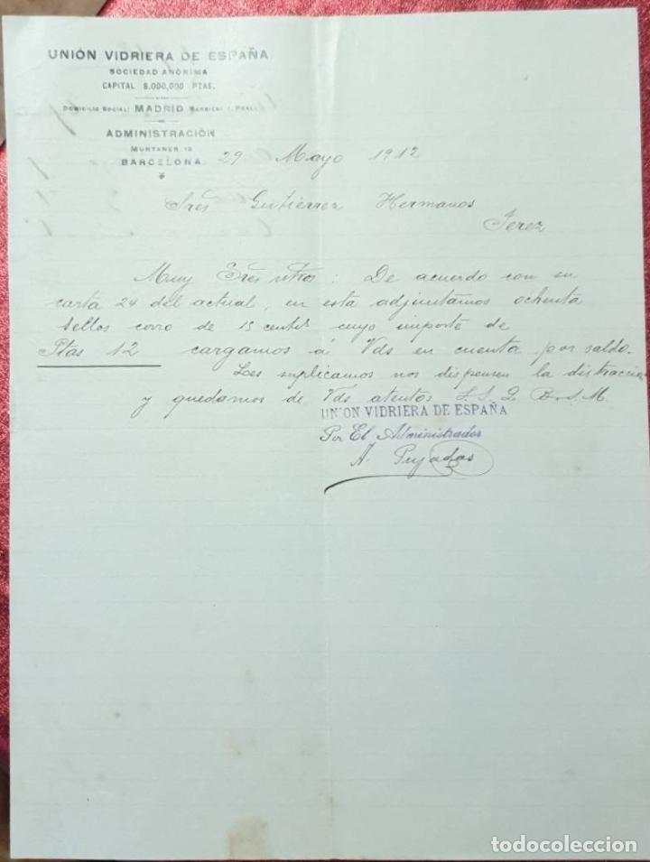 Cartas comerciales: Carta comercial. Uni&oacute;n vidriera de Espa&ntilde;a S.A. Barcelona. Espa&ntilde;a 1912