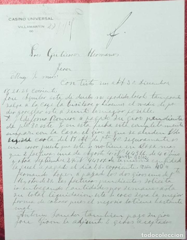Cartas comerciales: Carta comercial. Casino Universal. VillaMart&iacute;n. Espa&ntilde;a 1925
