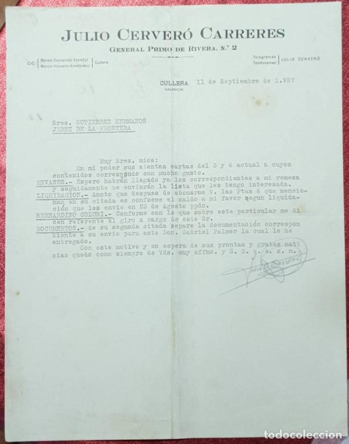 Cartas comerciales: Carta comercial. Julio Cerver&oacute; Carreres. Comisiones-Representaciones. VAlencia. Espa&ntilde;a 1927