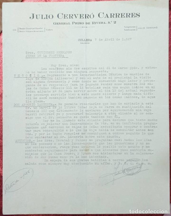 Cartas comerciales: Carta comercial. Julio Cerver&oacute; Carreres. Comisiones-Representaciones. Valencia. Espa&ntilde;a 1927