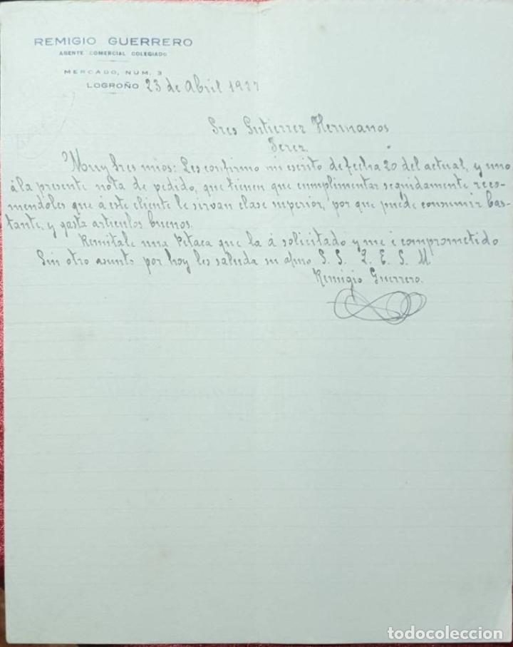 Cartas comerciales: Carta comercial. Remigio Guerrero. Agente Comercial Colegiado. Logro&ntilde;o. Espa&ntilde;a 1927