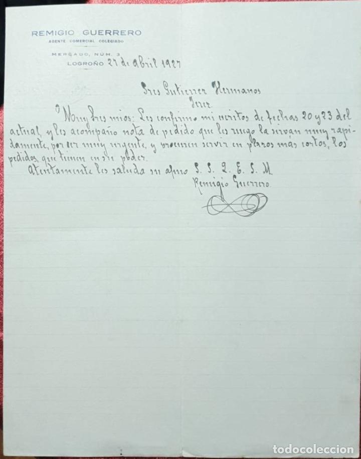 Cartas comerciales: Carta comercial. Remigio Guerrero. Agente Comercial Colegiado. Logro&ntilde;o. Espa&ntilde;a 1927