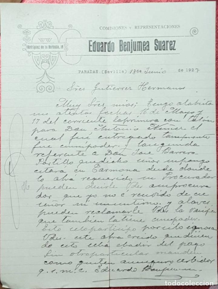 Cartas comerciales: Carta comercial. Eduardo Benjumea Suarez. Comisiones y Representaciones. Sevilla. Espa&ntilde;a 1927