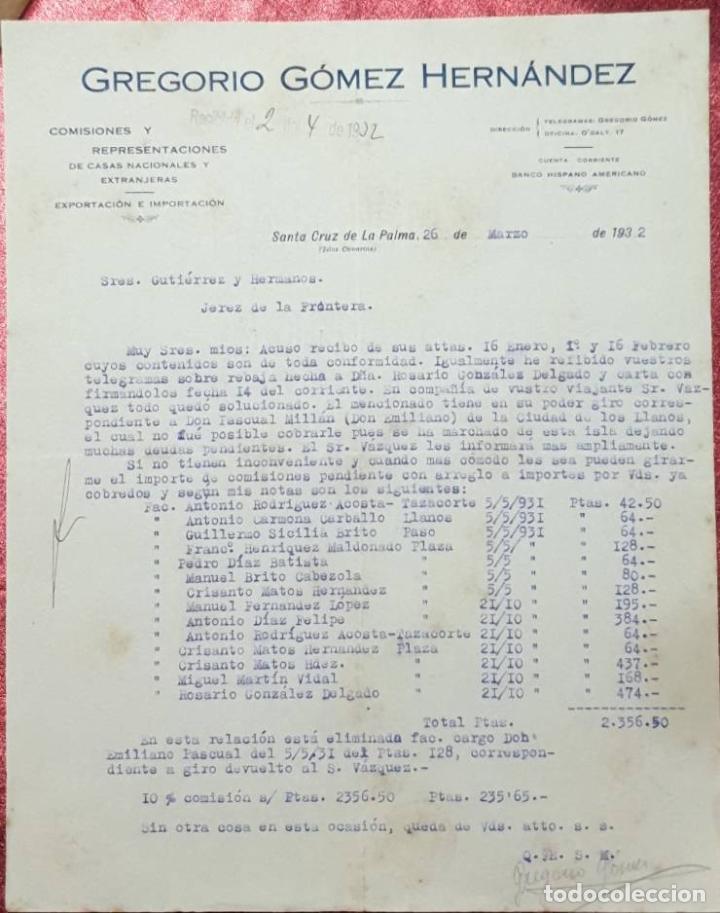 Cartas comerciales: Carta comercial. Gregorio G&oacute;mez Hern&aacute;ndez. Comisiones y Representaciones. Islas Canarias.Espa&ntilde;a 1932