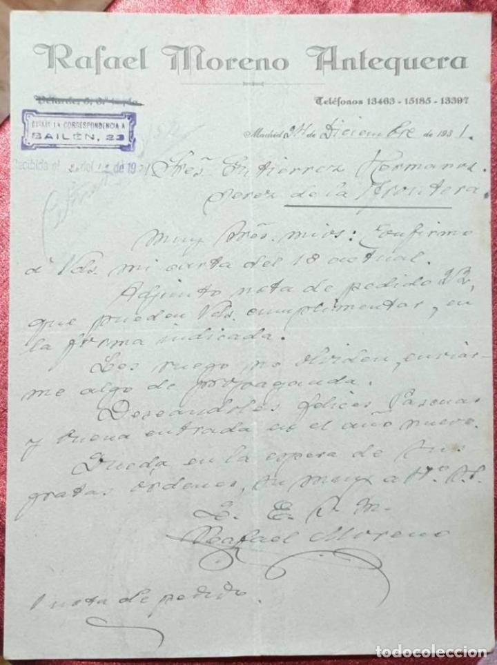 Cartas comerciales: Carta comercial. RAfael Moreno Antequera. Madrid. Espa&ntilde;a 1931
