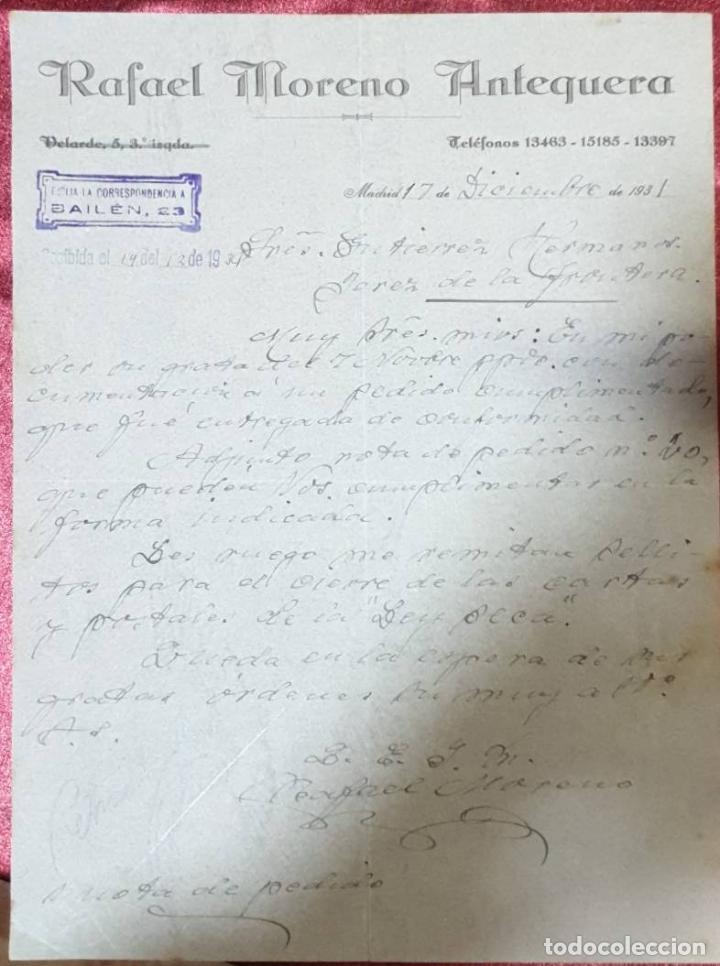 Cartas comerciales: Carta comercial. RAfael Moreno Antequera. Madrid. Espa&ntilde;a 1931