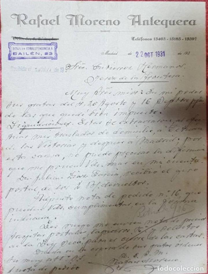 Cartas comerciales: Carta comercial. RAfael Moreno Antequera. Madrid. Espa&ntilde;a 1931