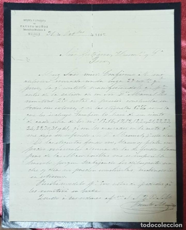 Cartas comerciales: Carta comercial. Fausto Mu&ntilde;oz. Imprenta y Litograf&iacute;a. M&aacute;laga. Espa&ntilde;a 1882