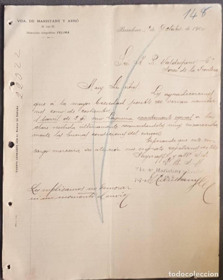 Cartas comerciales: Carta comercial. Vda. de Maristany y Arn&oacute;. S. en C. Barcelona. Espa&ntilde;a 1900