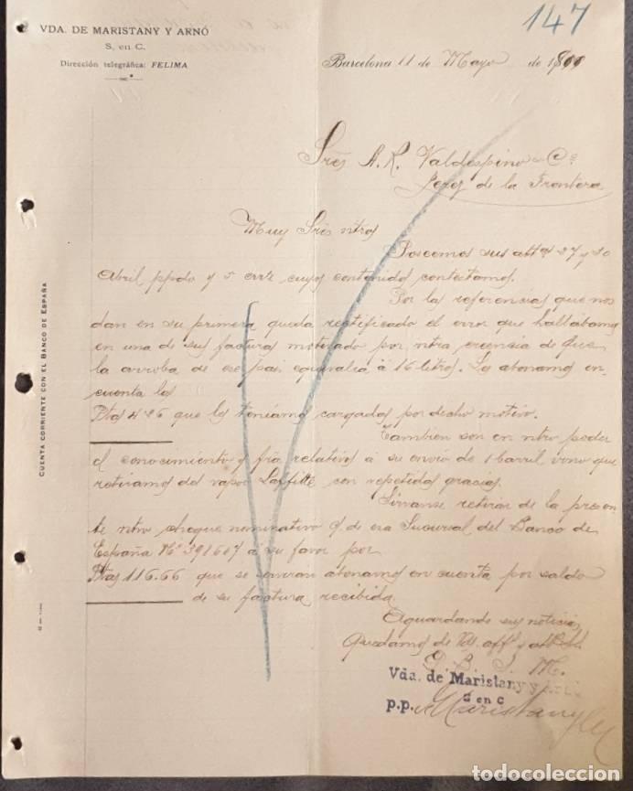 Cartas comerciales: Carta comercial. Vda. de Maristany y Arn&oacute;. S. en C. Barcelona. Espa&ntilde;a 1900