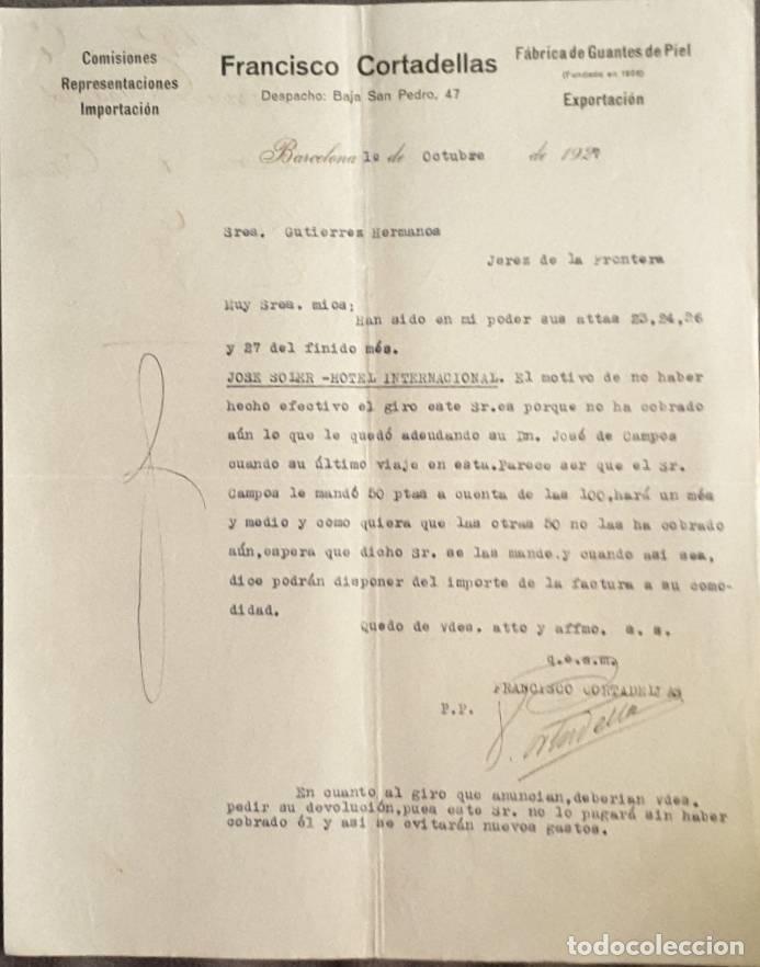 Cartas comerciales: Carta comercial. Francisco Cortadellas. Comisiones-Importaci&oacute;n. Barcelona. Espa&ntilde;a 1927