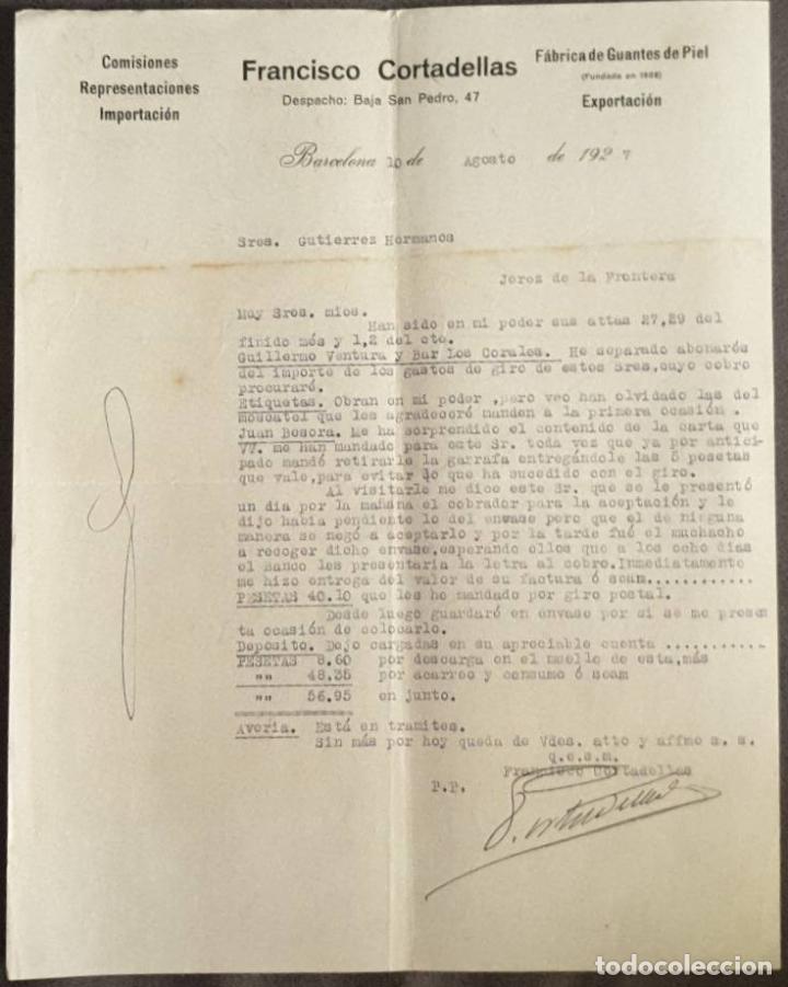 Cartas comerciales: Carta comercial. Francisco Cortadellas. Comisiones-Importaci&oacute;n. Barcelona. Espa&ntilde;a 1927