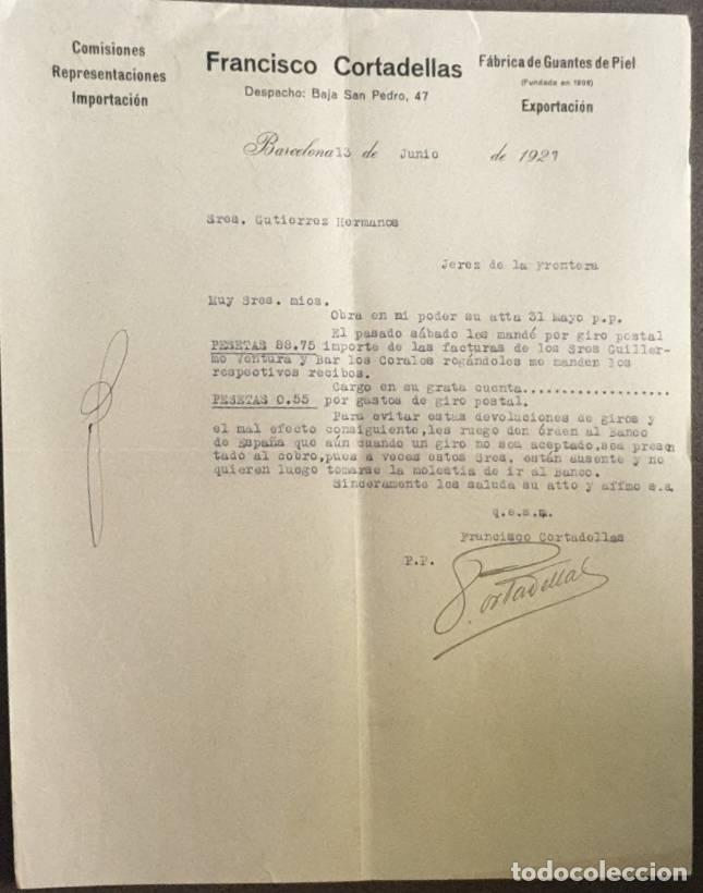 Cartas comerciales: Carta comercial. Francisco Cortadellas. Comisiones-Importaci&oacute;n. Barcelona. Espa&ntilde;a 1927