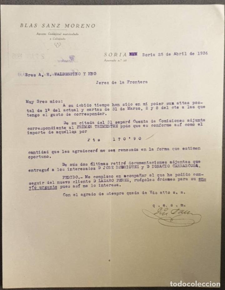 Cartas comerciales: Carta comercial. Blas Sanz Moreno. Agente Comercial Matriculado. Soria. Espa&ntilde;a 1936