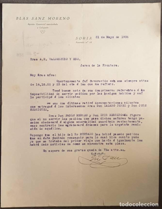 Cartas comerciales: Carta comercial. Blas Sanz Moreno. Agente Comercial Matriculado. Soria. Espa&ntilde;a 1936